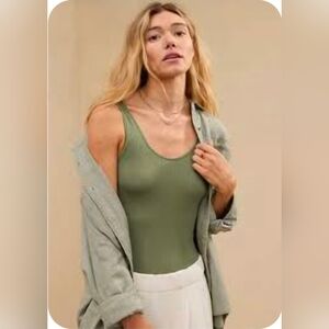 Aerie Smoothez Plunge Olive Green Ribbed Thong Bodysuit NWT